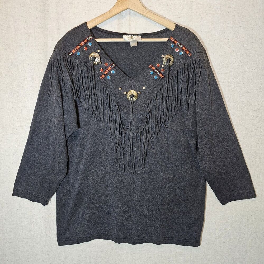 Vintage Country Western T-shirt Womens L XL Fringe Concho Beaded Studs Faded USA